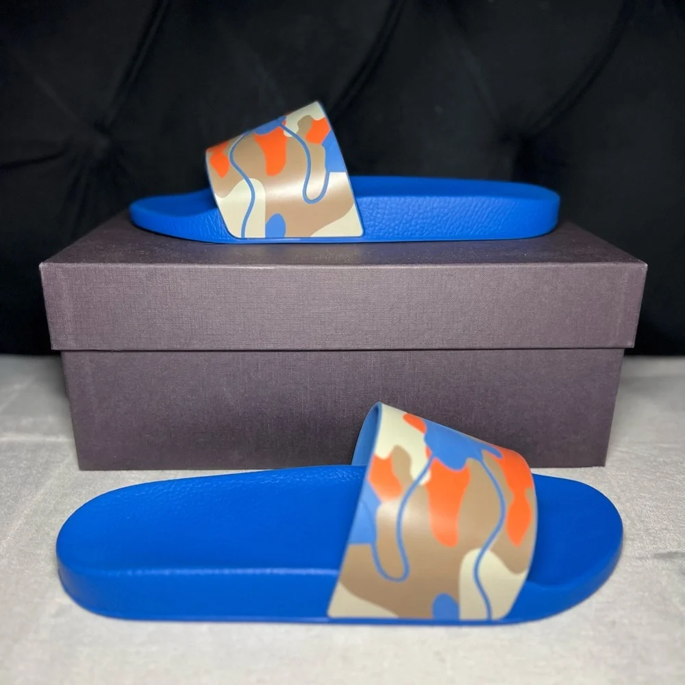 Valentino Camouflage Pool Slides - Blue with Orange Pattern - Picture 1 of 9